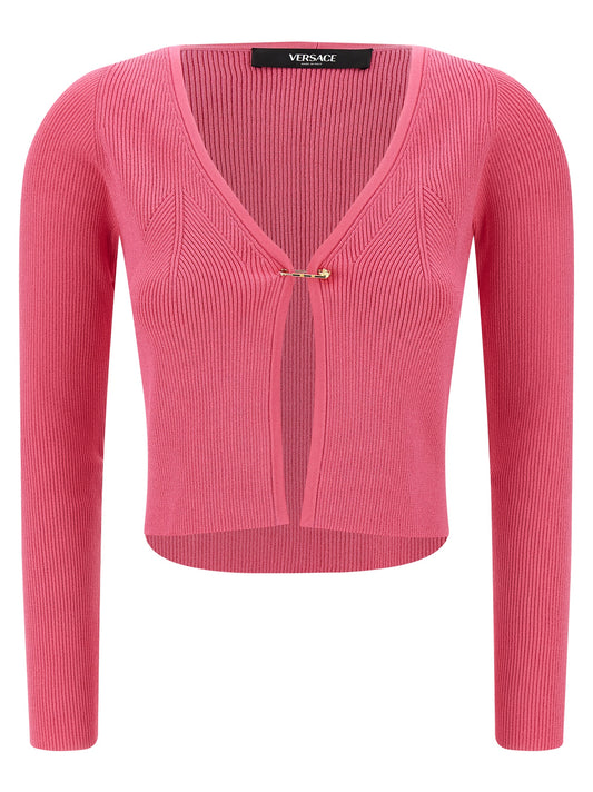 Versace Fuchsia Stretch Ribbed Knit Cardigan with Removable Safety Pin