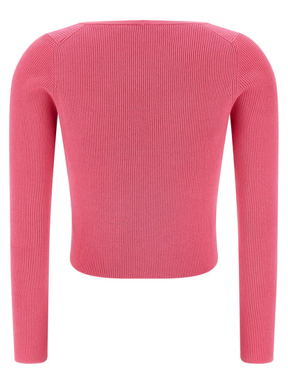 Versace Fuchsia Stretch Ribbed Knit Cardigan with Removable Safety Pin