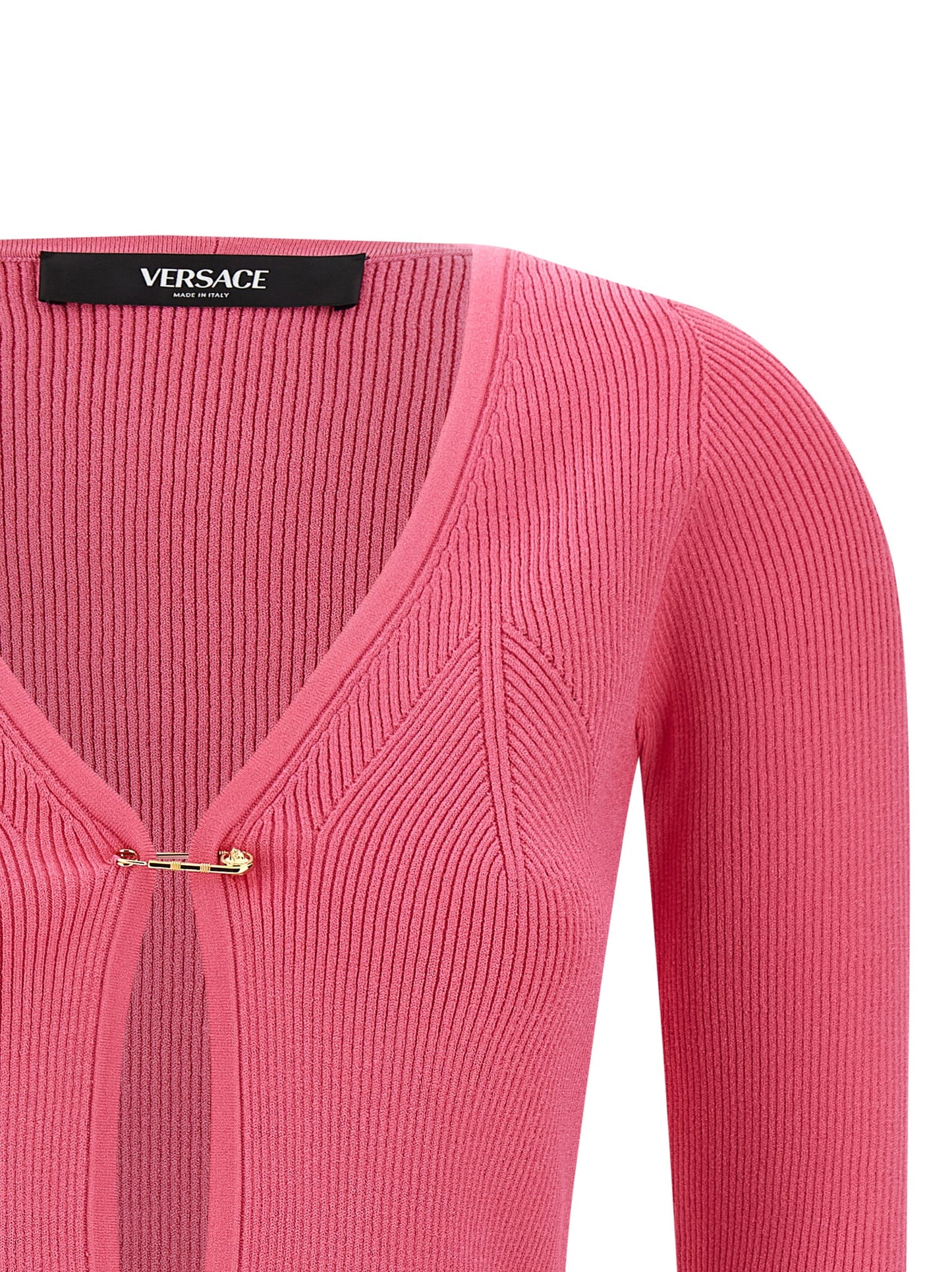 Versace Fuchsia Stretch Ribbed Knit Cardigan with Removable Safety Pin