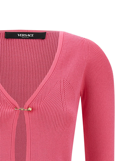Versace Fuchsia Stretch Ribbed Knit Cardigan with Removable Safety Pin