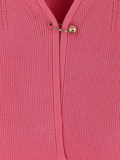 Versace Fuchsia Stretch Ribbed Knit Cardigan with Removable Safety Pin
