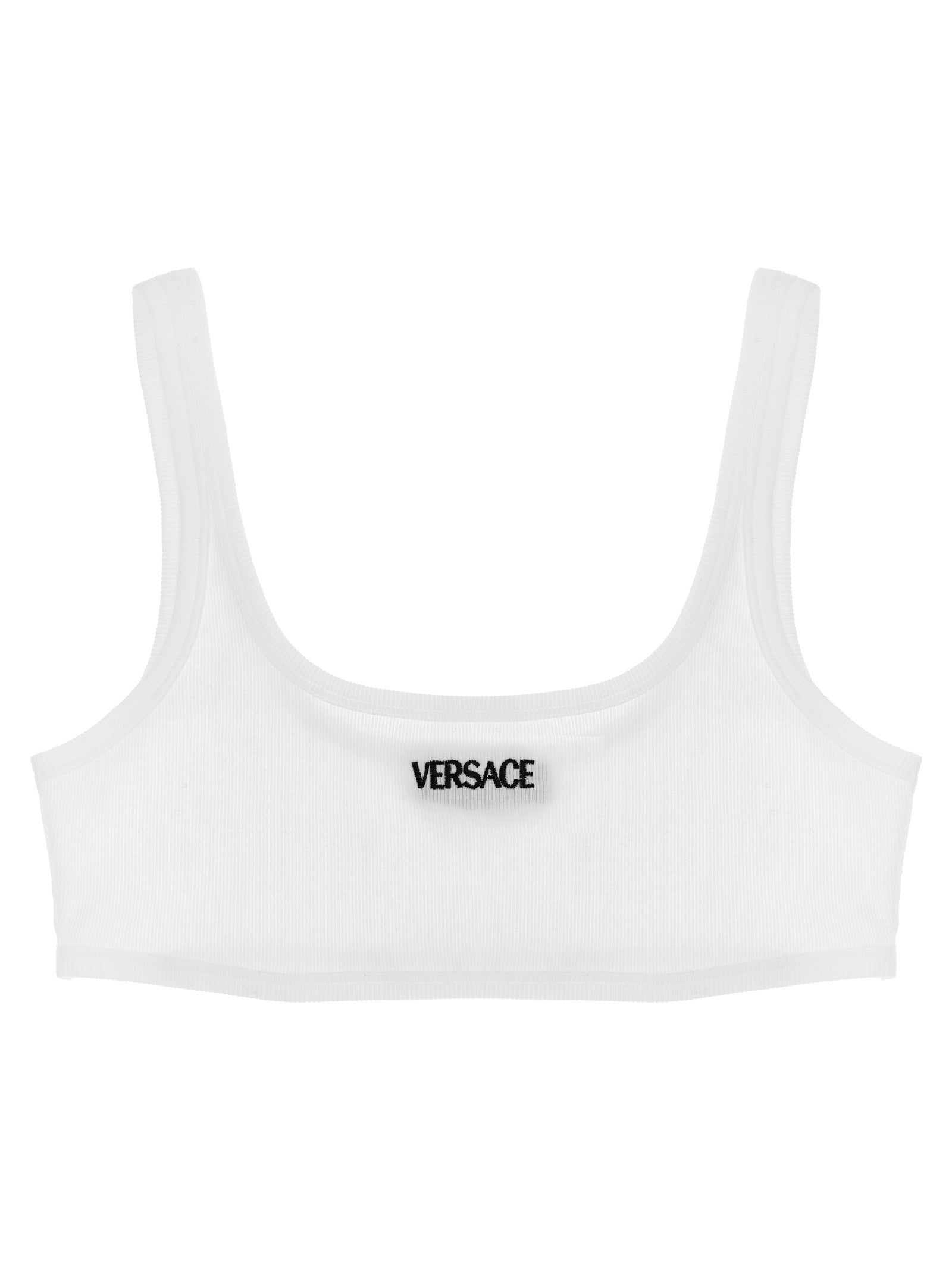 Versace White Ribbed Cotton Bra with Logo Embroidery