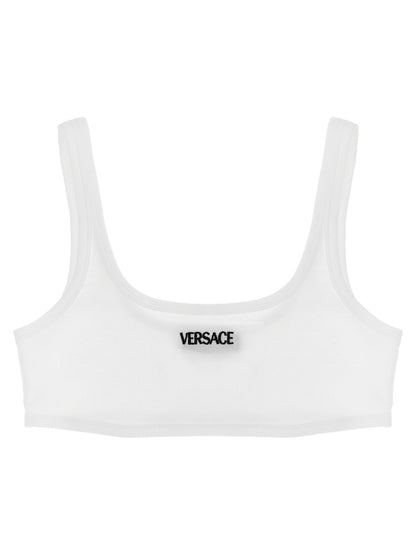 Versace White Ribbed Cotton Bra with Logo Embroidery