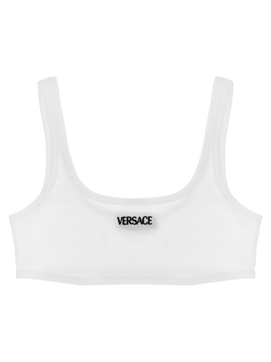 Versace White Ribbed Cotton Bra with Logo Embroidery