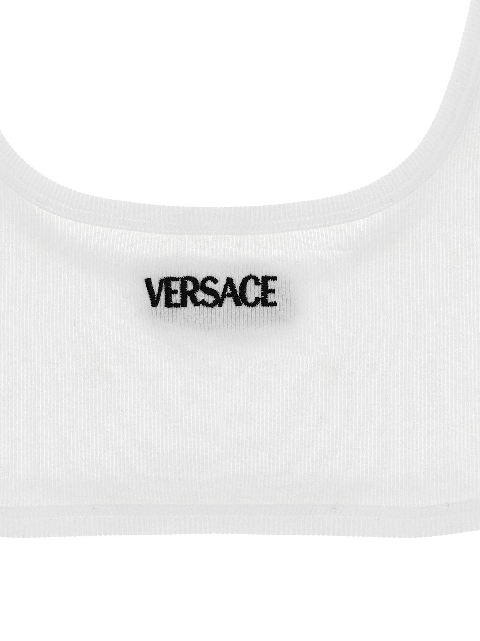 Versace White Ribbed Cotton Bra with Logo Embroidery
