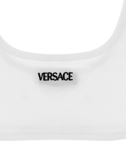 Versace White Ribbed Cotton Bra with Logo Embroidery