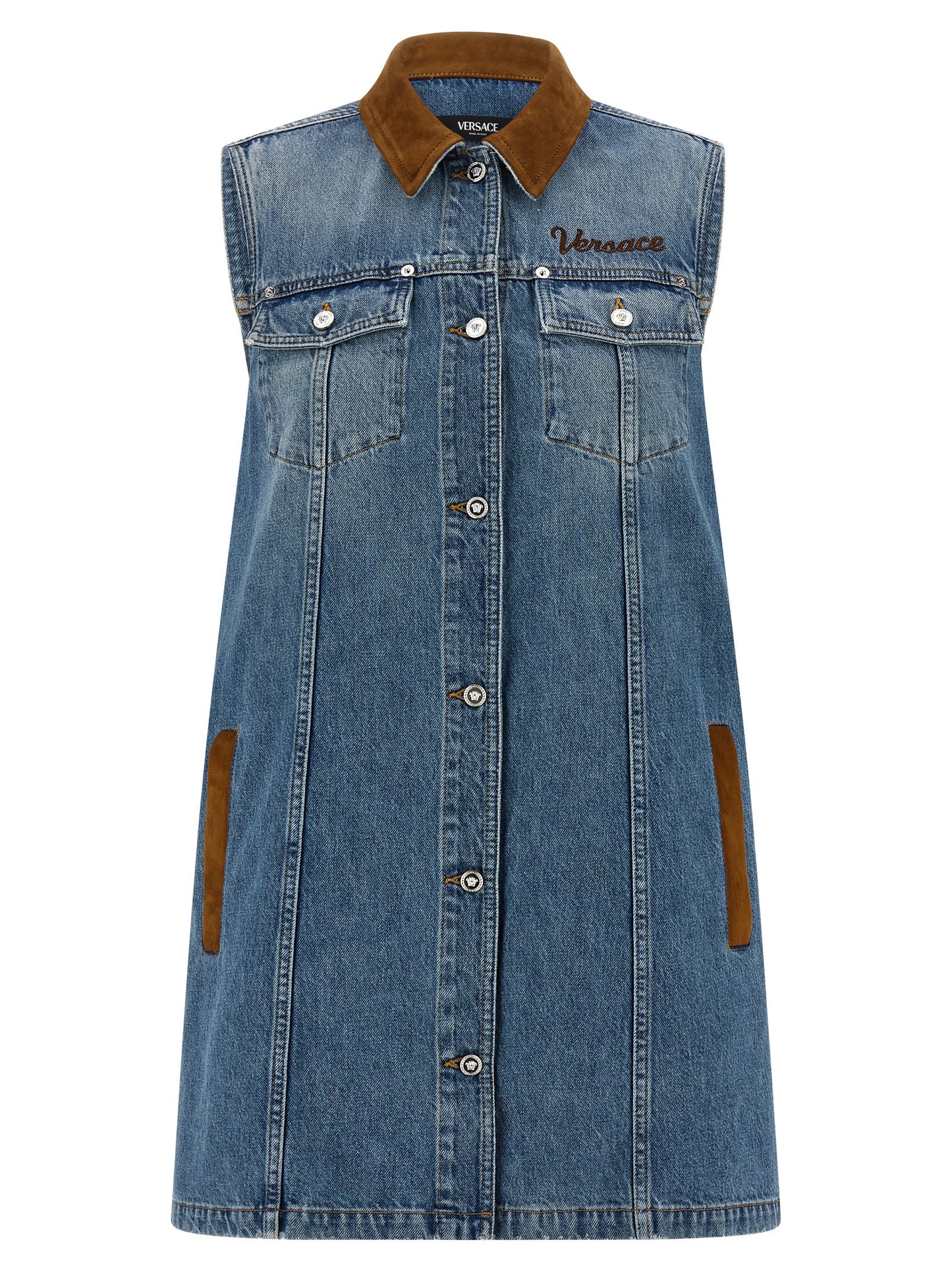Versace Blue Cotton Denim Mini Dress with Contrast Stitching and Medusa Button Closure