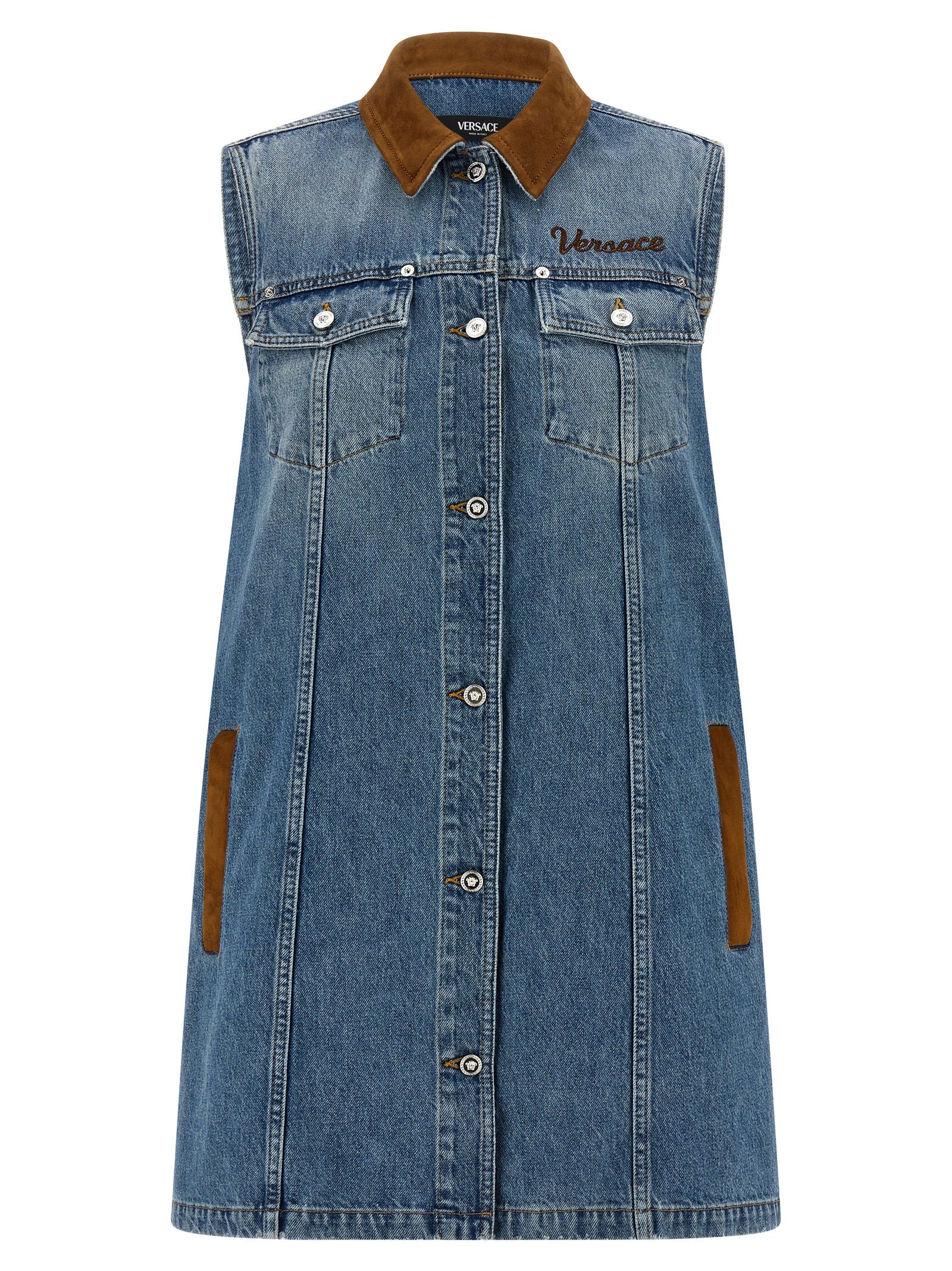 Versace Blue Cotton Denim Mini Dress with Contrast Stitching and Medusa Button Closure