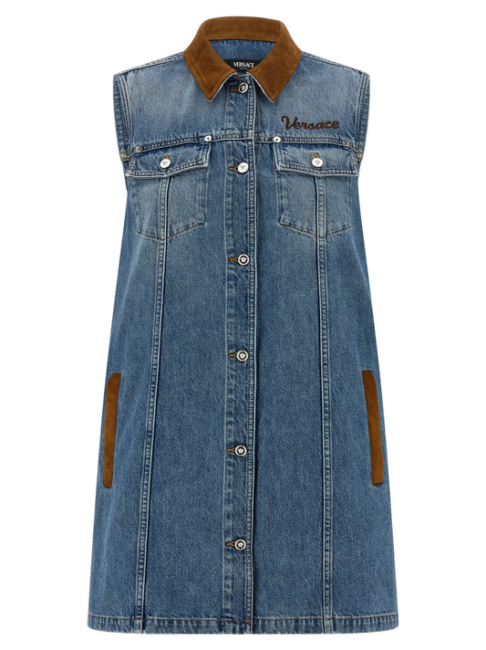 Versace Blue Cotton Denim Mini Dress with Contrast Stitching and Medusa Button Closure