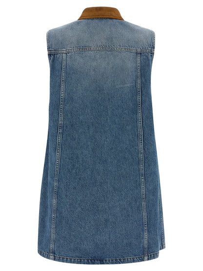 Versace Blue Cotton Denim Mini Dress with Contrast Stitching and Medusa Button Closure
