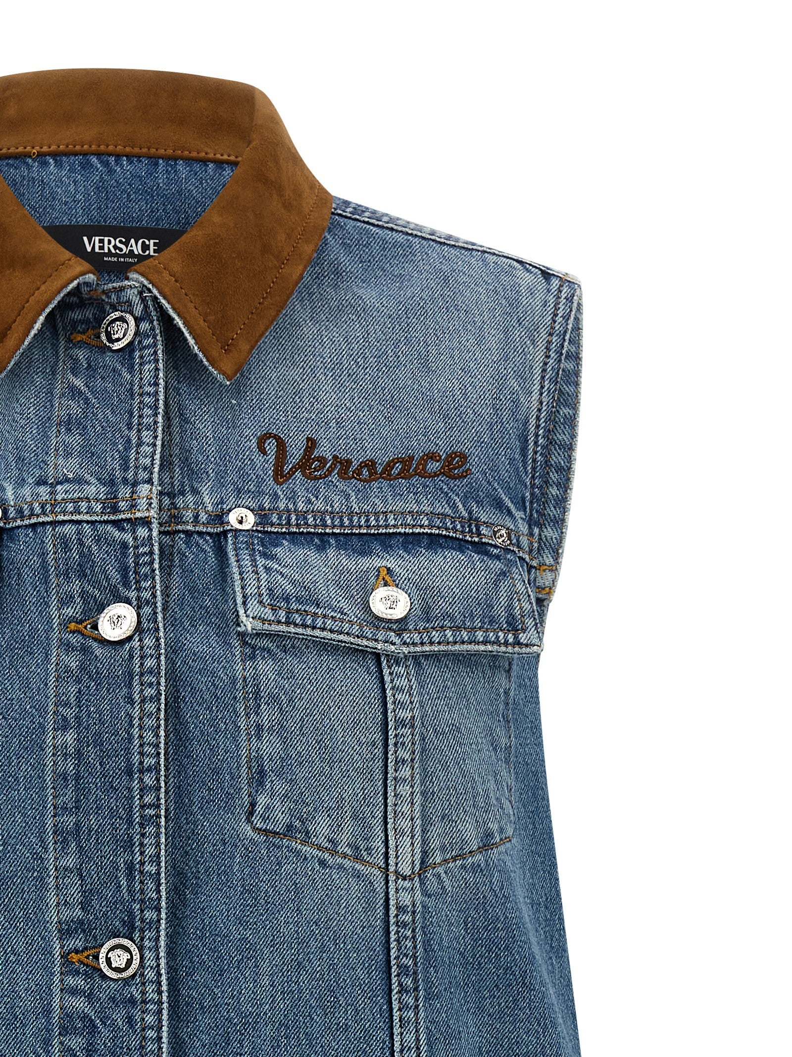 Versace Blue Cotton Denim Mini Dress with Contrast Stitching and Medusa Button Closure