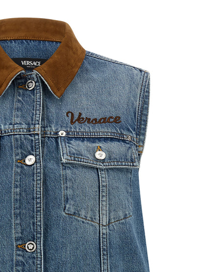 Versace Blue Cotton Denim Mini Dress with Contrast Stitching and Medusa Button Closure