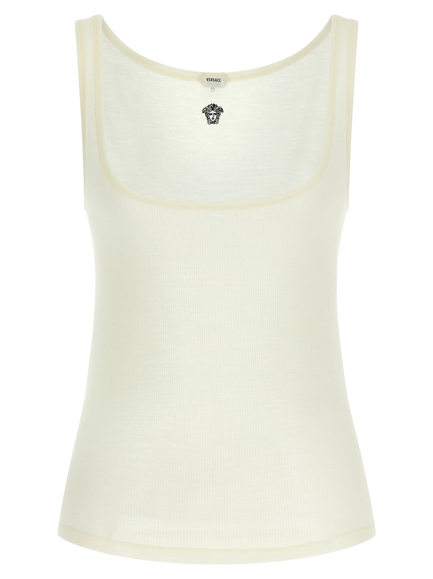 Versace White Virgin Wool Sleeveless T-Shirt with La Medusa Embroidery