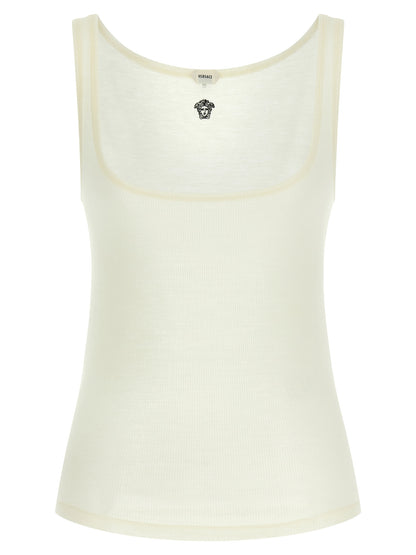 Versace White Virgin Wool Sleeveless T-Shirt with La Medusa Embroidery