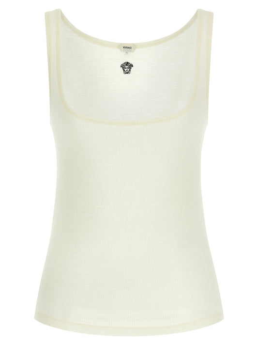 Versace White Virgin Wool Sleeveless T-Shirt with La Medusa Embroidery