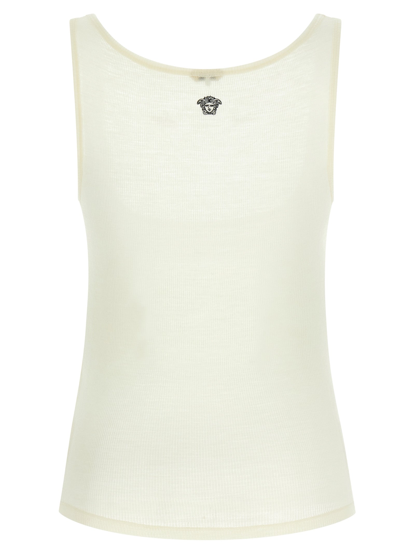 Versace White Virgin Wool Sleeveless T-Shirt with La Medusa Embroidery