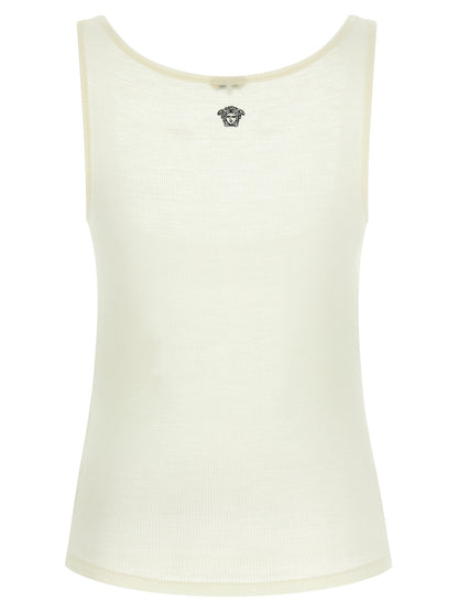 Versace White Virgin Wool Sleeveless T-Shirt with La Medusa Embroidery