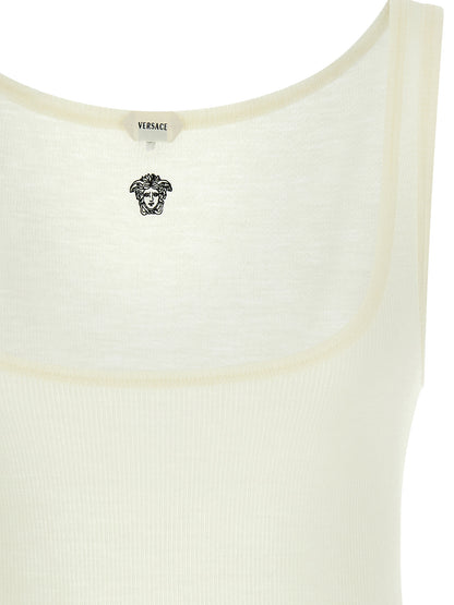 Versace White Virgin Wool Sleeveless T-Shirt with La Medusa Embroidery
