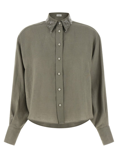 Brunello Cucinelli Bicolor Linen Blouse in Green