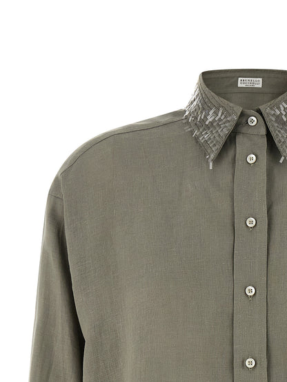 Brunello Cucinelli Bicolor Linen Blouse in Green
