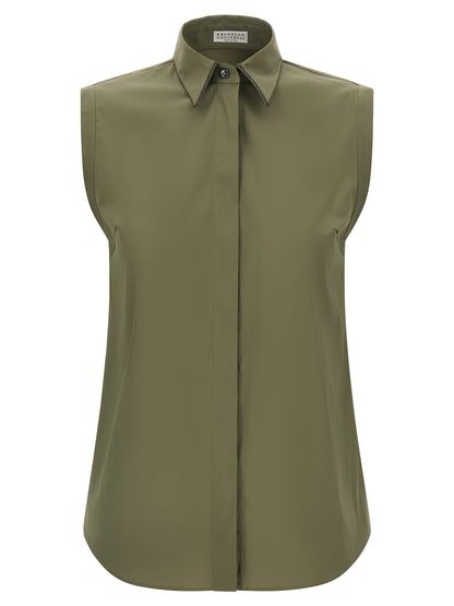 Brunello Cucinelli Bicolor Cotton Blouse in Green