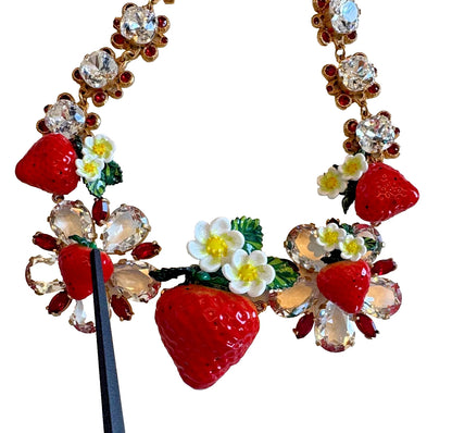 Dolce & Gabbana Gold Brass FRUIT Pendants Flowers Crystal Logo Necklace