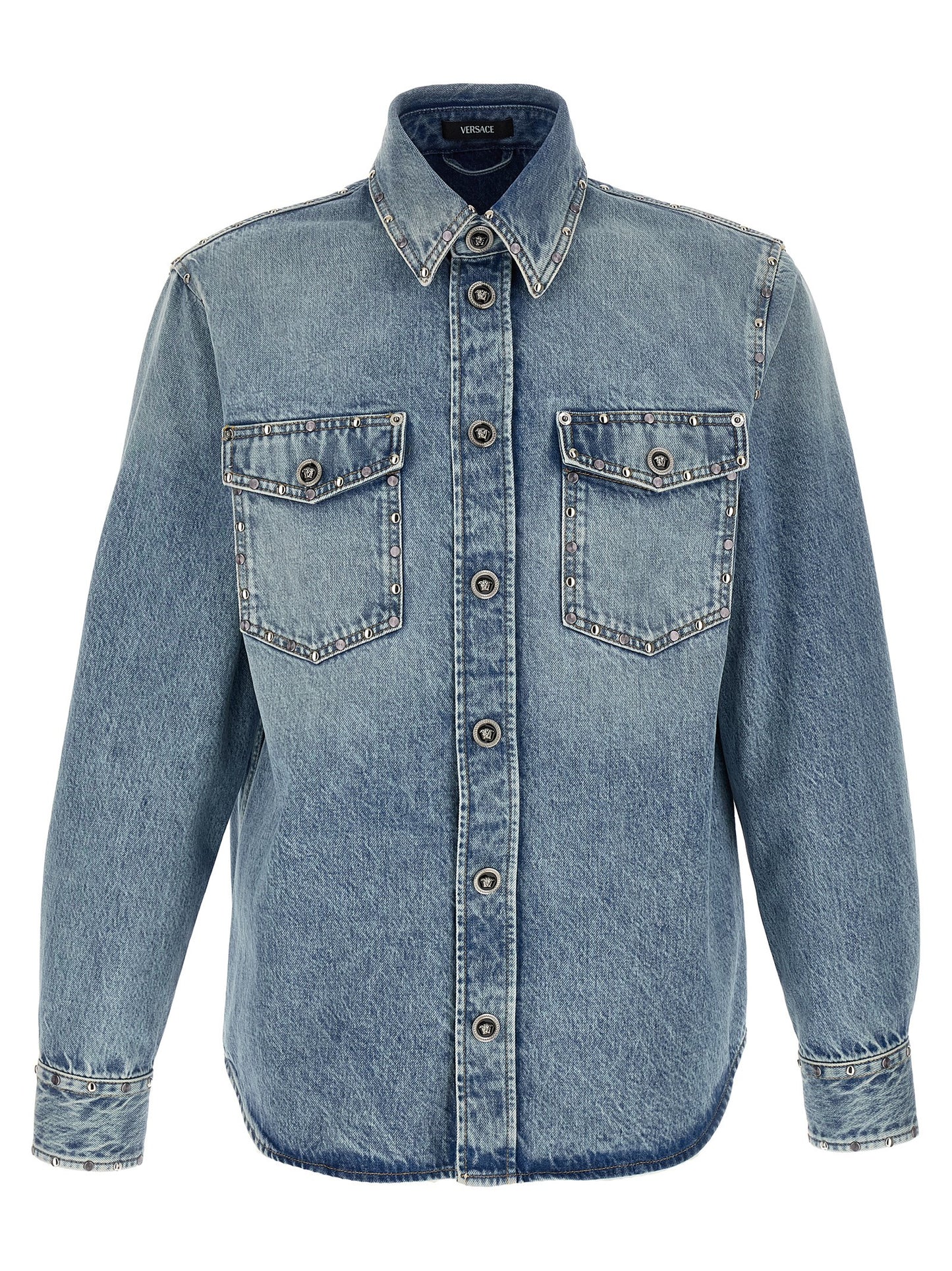 Versace Light Blue Cotton Blouse with Metal Stud Appliqué
