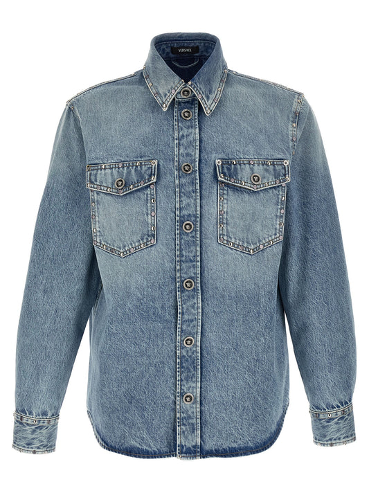 Versace Light Blue Cotton Blouse with Metal Stud Appliqué