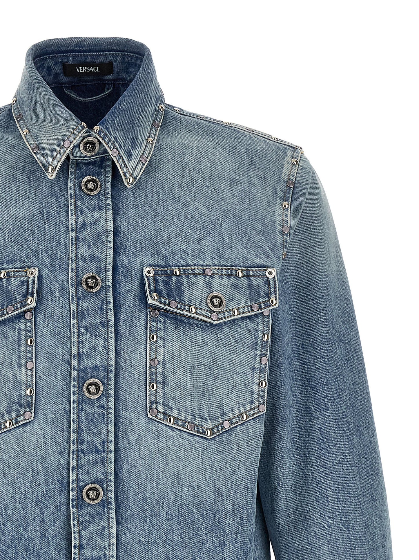 Versace Light Blue Cotton Blouse with Metal Stud Appliqué