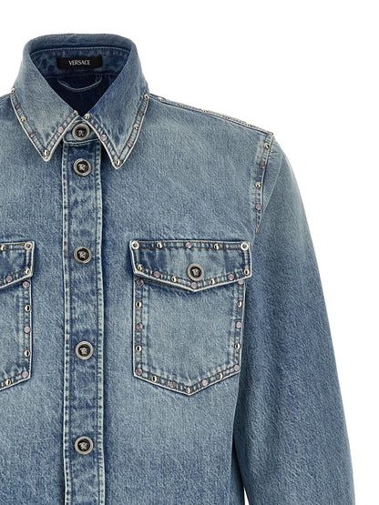 Versace Light Blue Cotton Blouse with Metal Stud Appliqué