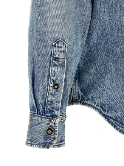Versace Light Blue Cotton Blouse with Metal Stud Appliqué