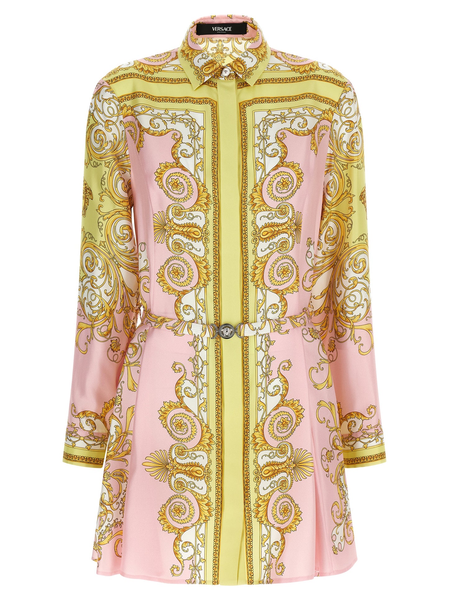 Versace Multicolor Silk Twill Mini Dress with Medusa Button Closure