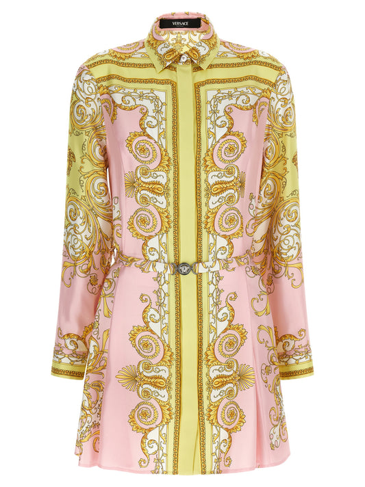 Versace Multicolor Silk Twill Mini Dress with Medusa Button Closure