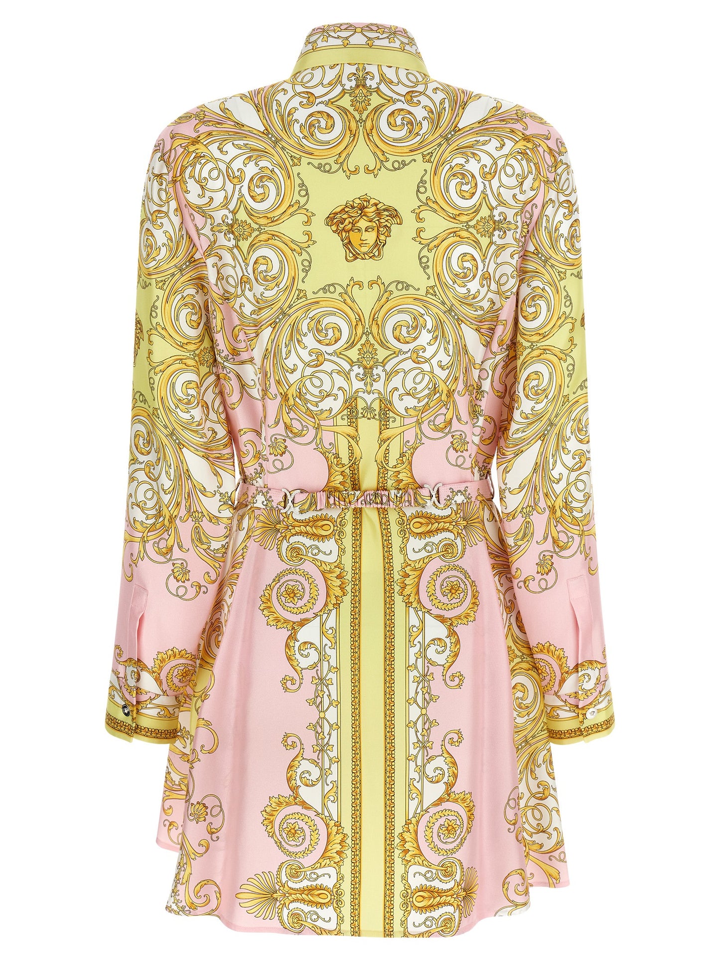 Versace Multicolor Silk Twill Mini Dress with Medusa Button Closure