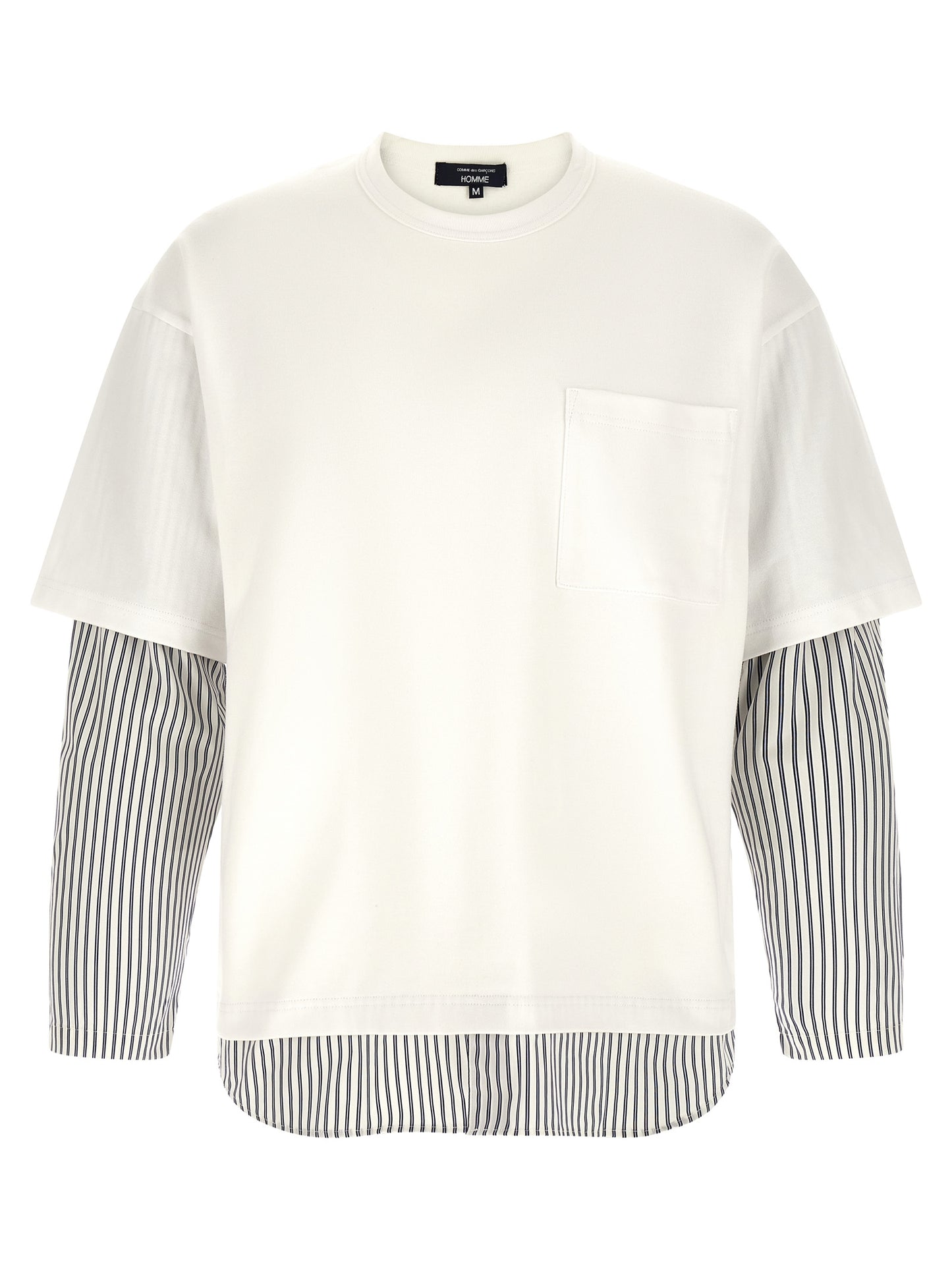Comme des Garçons White Cotton Heavy T-Shirt with Striped Poplin Inserts