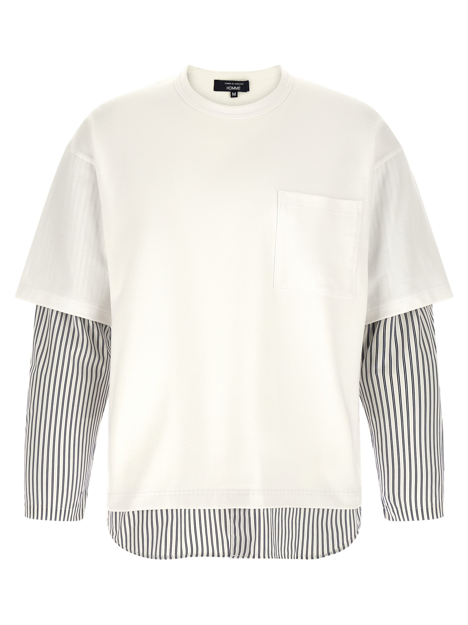 Comme des Garçons White Cotton Heavy T-Shirt with Striped Poplin Inserts