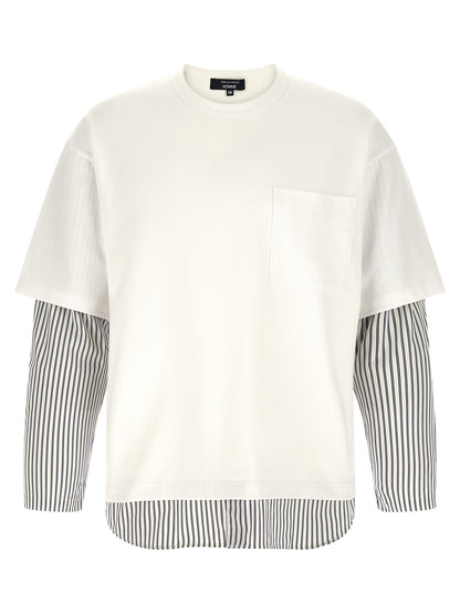 Comme des Garçons White Cotton Heavy T-Shirt with Striped Poplin Inserts