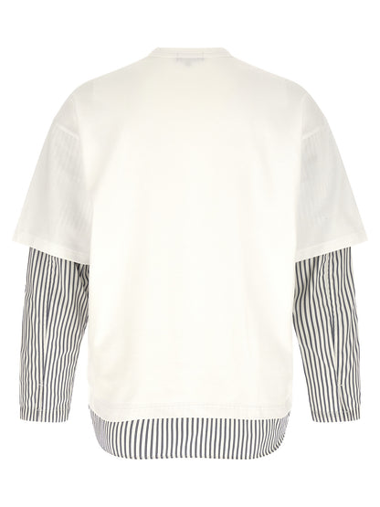 Comme des Garçons White Cotton Heavy T-Shirt with Striped Poplin Inserts