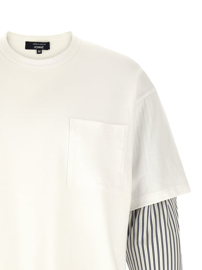 Comme des Garçons White Cotton Heavy T-Shirt with Striped Poplin Inserts