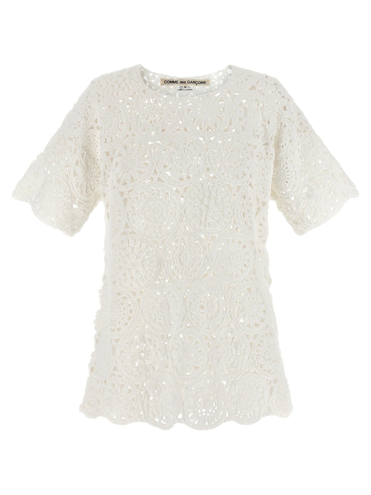 Comme des Garçons White Macramé Crewneck T-Shirt with Asymmetric Hem