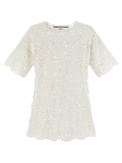 Comme des Garçons White Macramé Crewneck T-Shirt with Asymmetric Hem