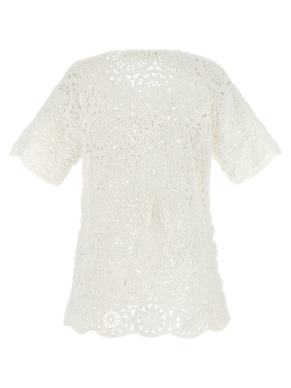 Comme des Garçons White Macramé Crewneck T-Shirt with Asymmetric Hem