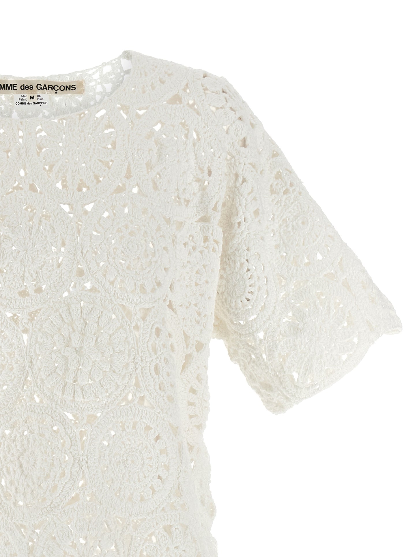 Comme des Garçons White Macramé Crewneck T-Shirt with Asymmetric Hem