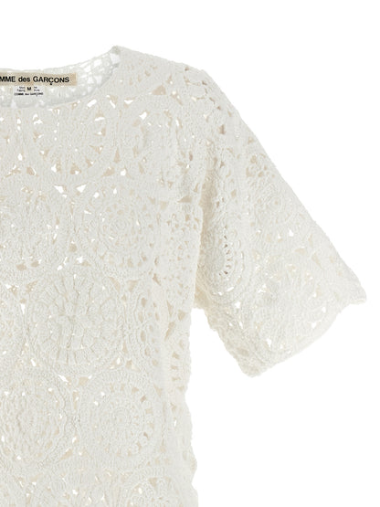 Comme des Garçons White Macramé Crewneck T-Shirt with Asymmetric Hem