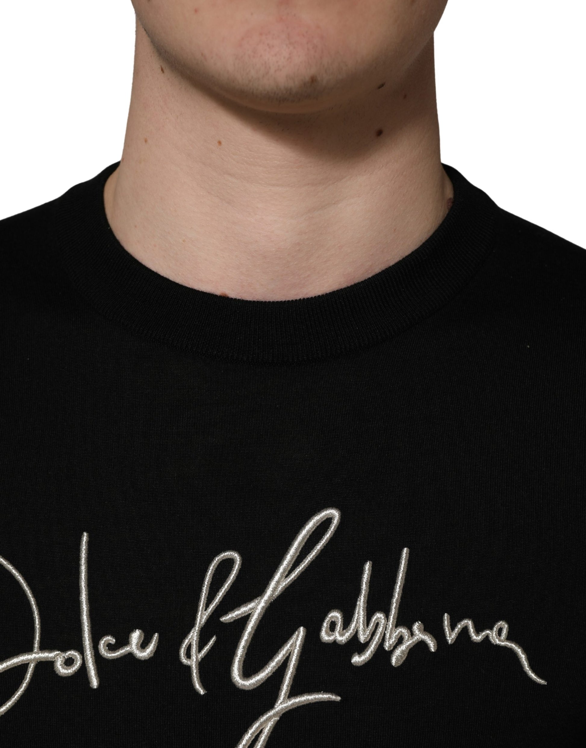 Dolce & Gabbana Black Embroidered Logo Crew Neck Pullover Sweater