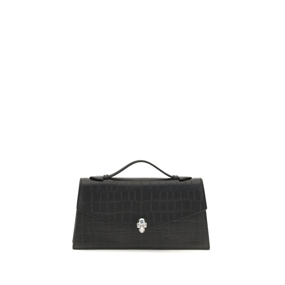 Alexander McQueen Black Croc Embossed Leather Skull Top Handle Bag
