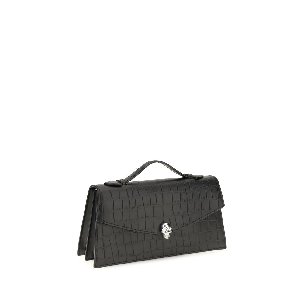 Alexander McQueen Black Croc Embossed Leather Skull Top Handle Bag