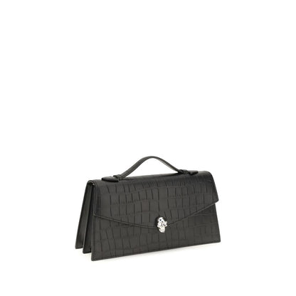 Alexander McQueen Black Croc Embossed Leather Skull Top Handle Bag
