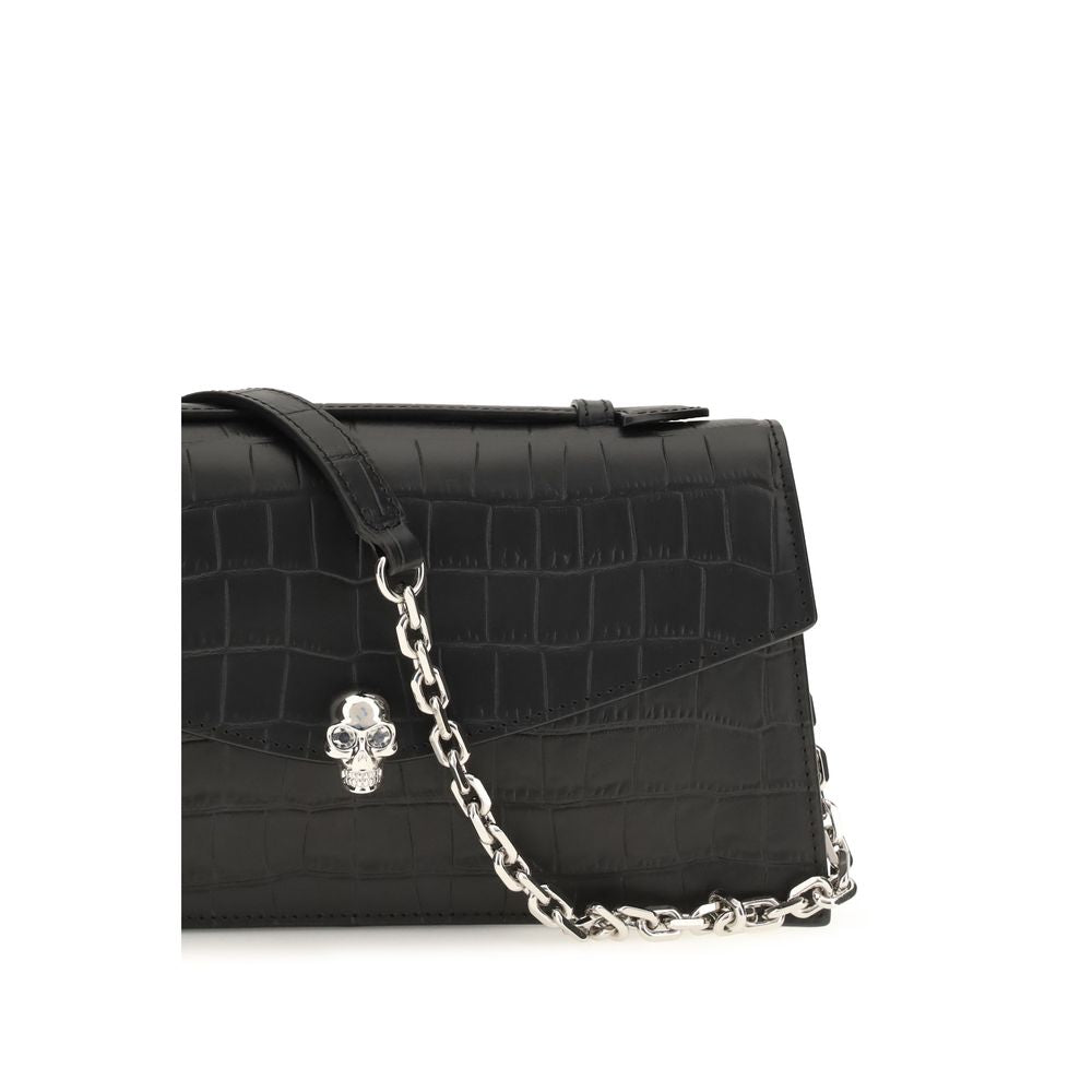 Alexander McQueen Black Croc Embossed Leather Skull Top Handle Bag