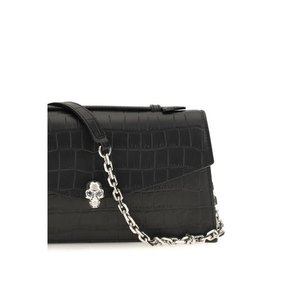 Alexander McQueen Black Croc Embossed Leather Skull Top Handle Bag